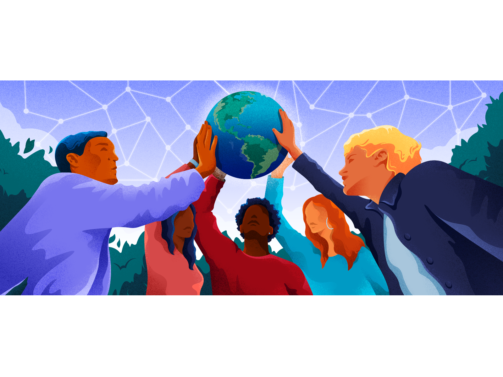 Product illustration character colors community funding future illustration network vector world