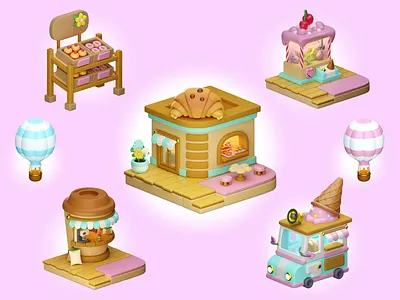 Assets for the Lollipop lake 3d art bakery blender buenoverse cartoon coffee cute donuts heart hot air balloon ice cream illustration isometric isometry microverse prize render star truck