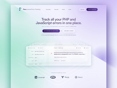 Flareapp.io - SaaS website (homepage) agency belgium branding clean design gradients green illustration laravel logo marketing product design producthunt purple saas ui ux webdesign website