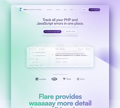 Flareapp.io - SaaS website (homepage) agency belgium branding clean design gradients green illustration laravel logo marketing product design producthunt purple saas ui ux webdesign website