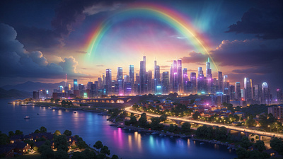 Enchanted City: A Visual Symphony at a Magical Night 3d 3d art ai art buildings cgi city cityscapes colorful environment evening fountain illustration lights majestic modern nature neon night rainbow town