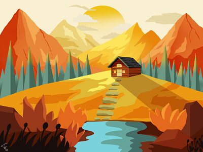 Mountains with hut drawing house hut illustration inspiration moutains procreate