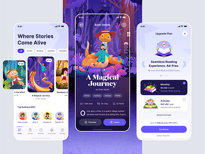 Online Book Reader: Mobile App 📖 android animation app book child childern clean design dino graphic design illustration ios landing page mobile orely purple reading story ui visual