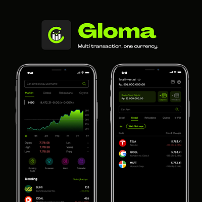 Gloma - Investment Super App app design illustration investment app logo mobile mobile app mobile design super app ui uiux ux uxd