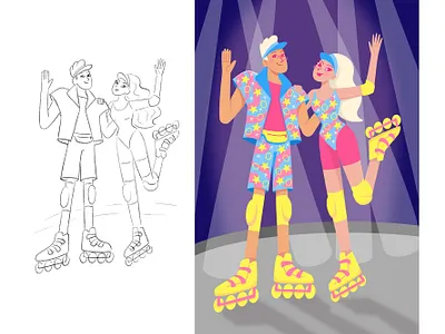 Barbie and Ken fan art illustration. Character design art barbie character character design drawing girl happy illustration man nft people pfp portrait rollers sketch smile sport vacation vector woman