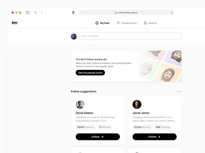 IndieMaker - Follower suggestions animation cards follow minimal profiles ui web app