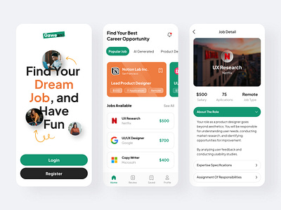 Gawean - Job Search Mobile App clean company corporate green holding mobile product design search job ui uidesigner uiux