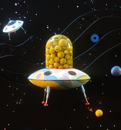 Emoticons on flying saucer 3d ai cinema4d cute design emoticon exploration fantasy flying metaverse modelling saucer smiley space ui