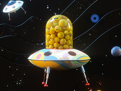 Emoticons on flying saucer 3d ai cinema4d cute design emoticon exploration fantasy flying metaverse modelling saucer smiley space ui