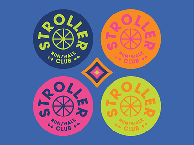 Stroller Run / Walk Club Logo 80s badge badges branding buffalo club geometric graphic design hot pink line art logo minimal retro running running club stroller techno wheel