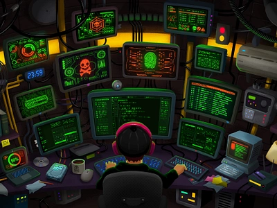 Hacker workstation 3 ☠️ code coding computers criminal cyber cyberpunk dark dev developer drawing game game art hacker illustration machines sci fi security setup vibrant workstation