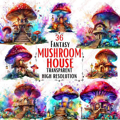 Fantasy Mushroom House 3d digital download fantasy clipart graphic design mushroom house