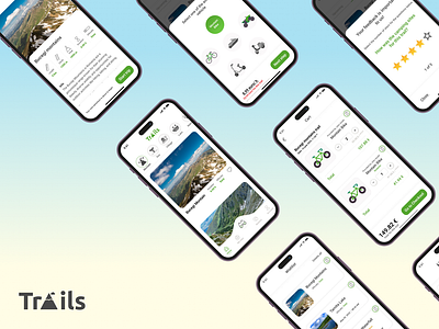 Trails - Outdoor Platform 🚴‍♂️🌄 animation app bike renting branding design gps app graphic design green illustration logo mountaines nature pop up screens renting app tracking app trails typography ui ux vector