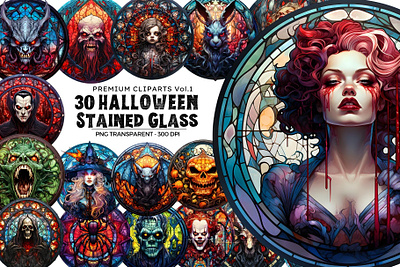 30 Stained Glass Halloween Clipart V1 digital prints goth gothic halloween halloween svg png download spooky stained glass