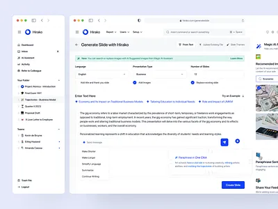 Hirako - AI Slide Generator Dashboard ai ai assistant ai slide artificial intelligence card clean design dashboard design generator pitchdeck presentation slide ui ui design uiux