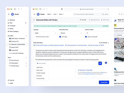 Hirako - AI Slide Generator Dashboard ai ai assistant ai slide artificial intelligence card clean design dashboard design generator pitchdeck presentation slide ui ui design uiux