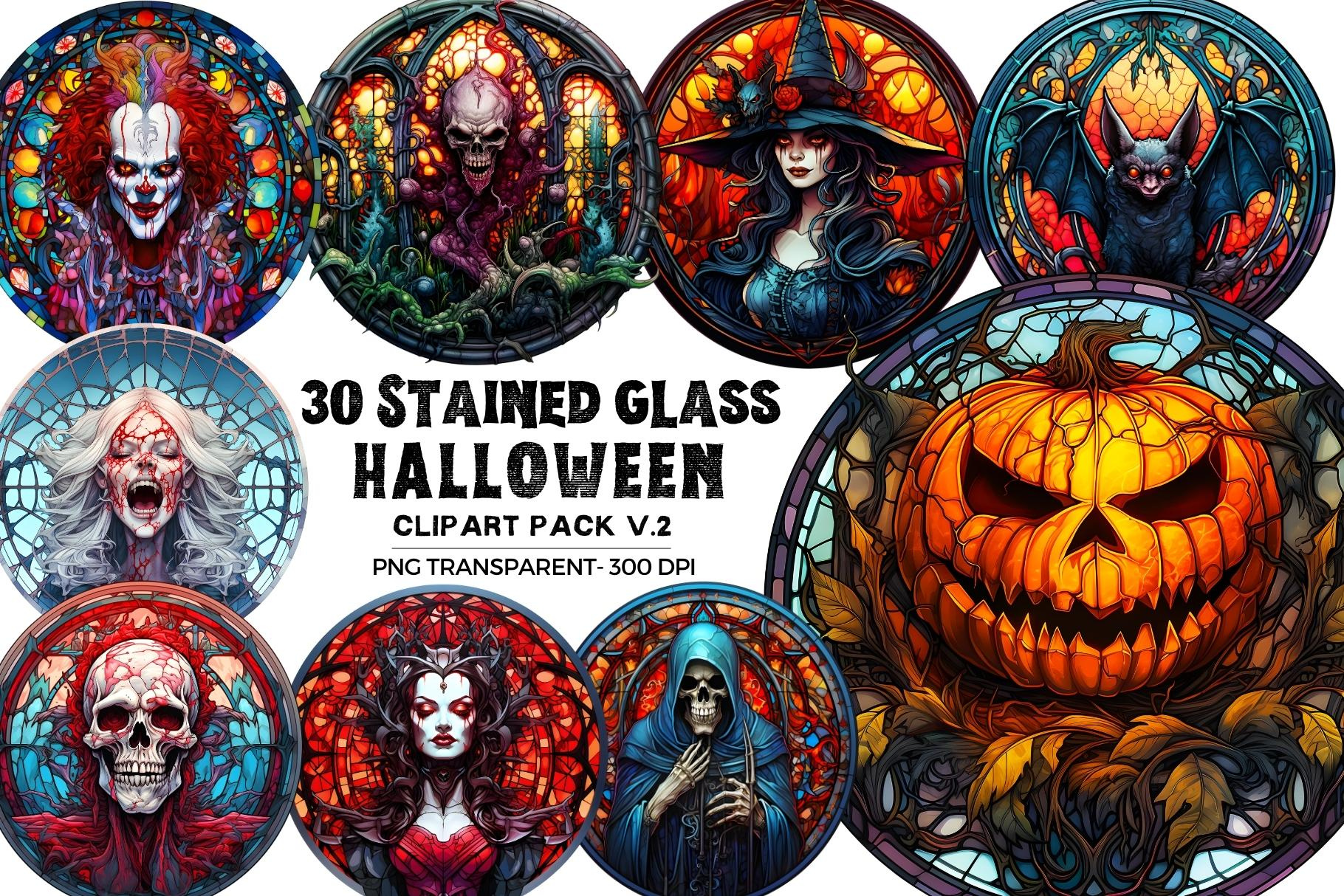 30 Stained Glass Halloween Clipart V2 bat gothic halloween halloween pumpkins clipart illustration monsters png png bundle skeleton skull stained glass vampire witch