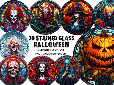 30 Stained Glass Halloween Clipart V2 bat gothic halloween halloween pumpkins clipart illustration monsters png png bundle skeleton skull stained glass vampire witch