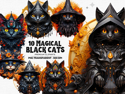 10 Black Cats Magical Halloween Clipart black cat cat png clipart crafts fantasy halloween invitation halloween png illustration png download scrapbooking shirt design sublimation design witch wizard