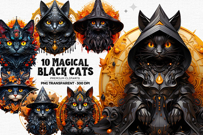 10 Black Cats Magical Halloween Clipart black cat cat png clipart crafts fantasy halloween invitation halloween png illustration png download scrapbooking shirt design sublimation design witch wizard