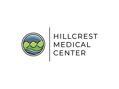 Hillcrest Medical Center Logo blue clinic dna geometric graphic design green hospital illustrator line art logo medical mountains nature