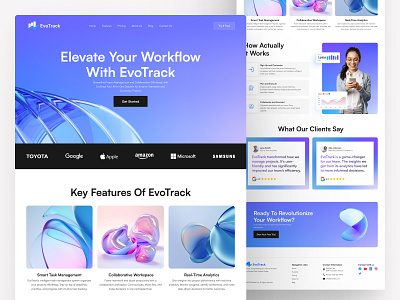 EvoTrack SAAS Landing Page Design business efficiency cloud based software collaboration tools landing page project insights project success real time analytics remote team management saas task tracking team productivity ui uidesign website workflow optimization