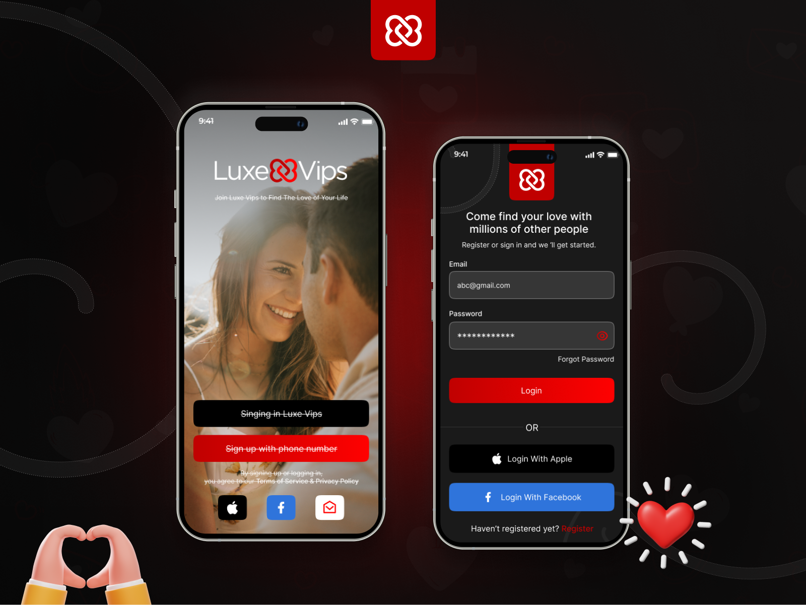 Dating App Splash and Login Screens app branding dark mode dating app dating mobile app design designer portfolio figma design flat love app mobile onboarding screen splash screen ui ui design ux ux design