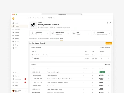 Device Master Record dashboard documents medical device multi level parts table ui ux