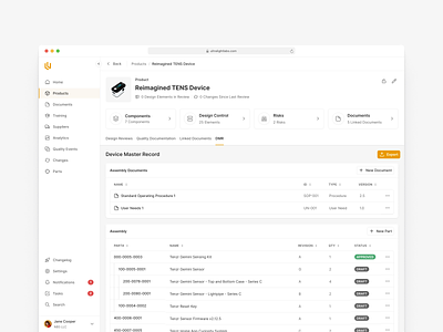 Device Master Record dashboard documents medical device multi level parts table ui ux