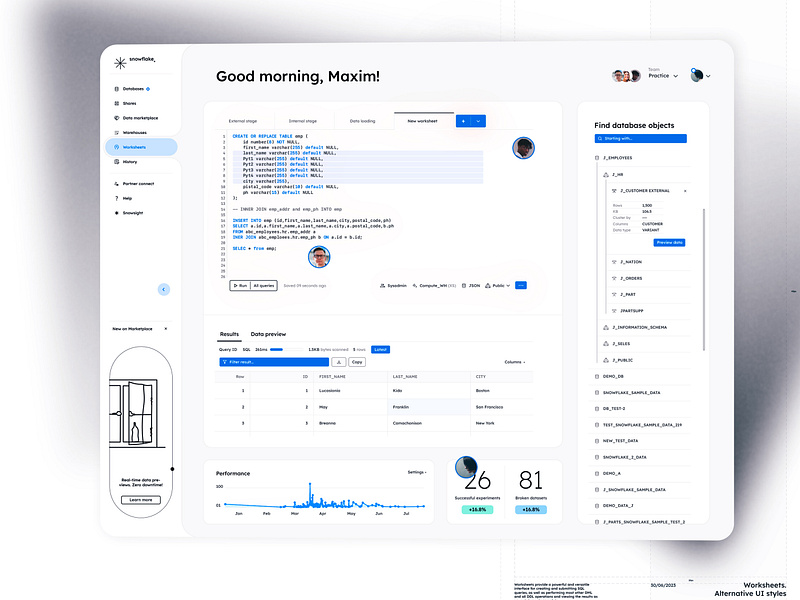 Dashboard ❄️ Snowflake UI redesign & rebranding web design