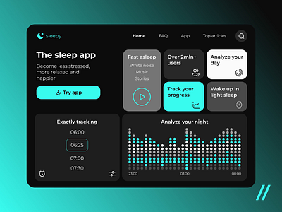 Sleep Tracker Web Platform animation app dark theme dashboard design health homepage landing landing page motion online platform track ui ux web web design web interaction web ui website