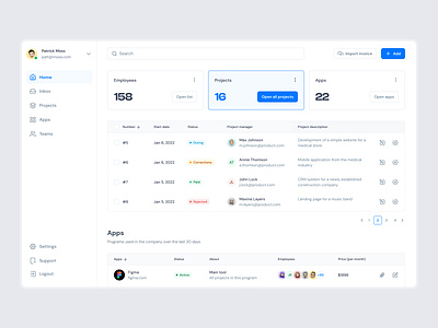 Company Dashboard apps black blue clean dailyui dashboard design emoji figma gray icons minimal pagination poland sidebar ui uiux ux white