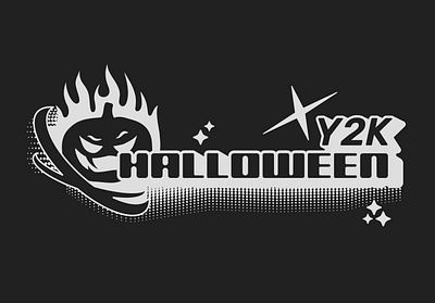 Halloween Y2K style logo. 2000s black contemporary creepy cyber digital eerie fire halloween horror illustration logo night october pumpkin retro scary seasonal stars y2k