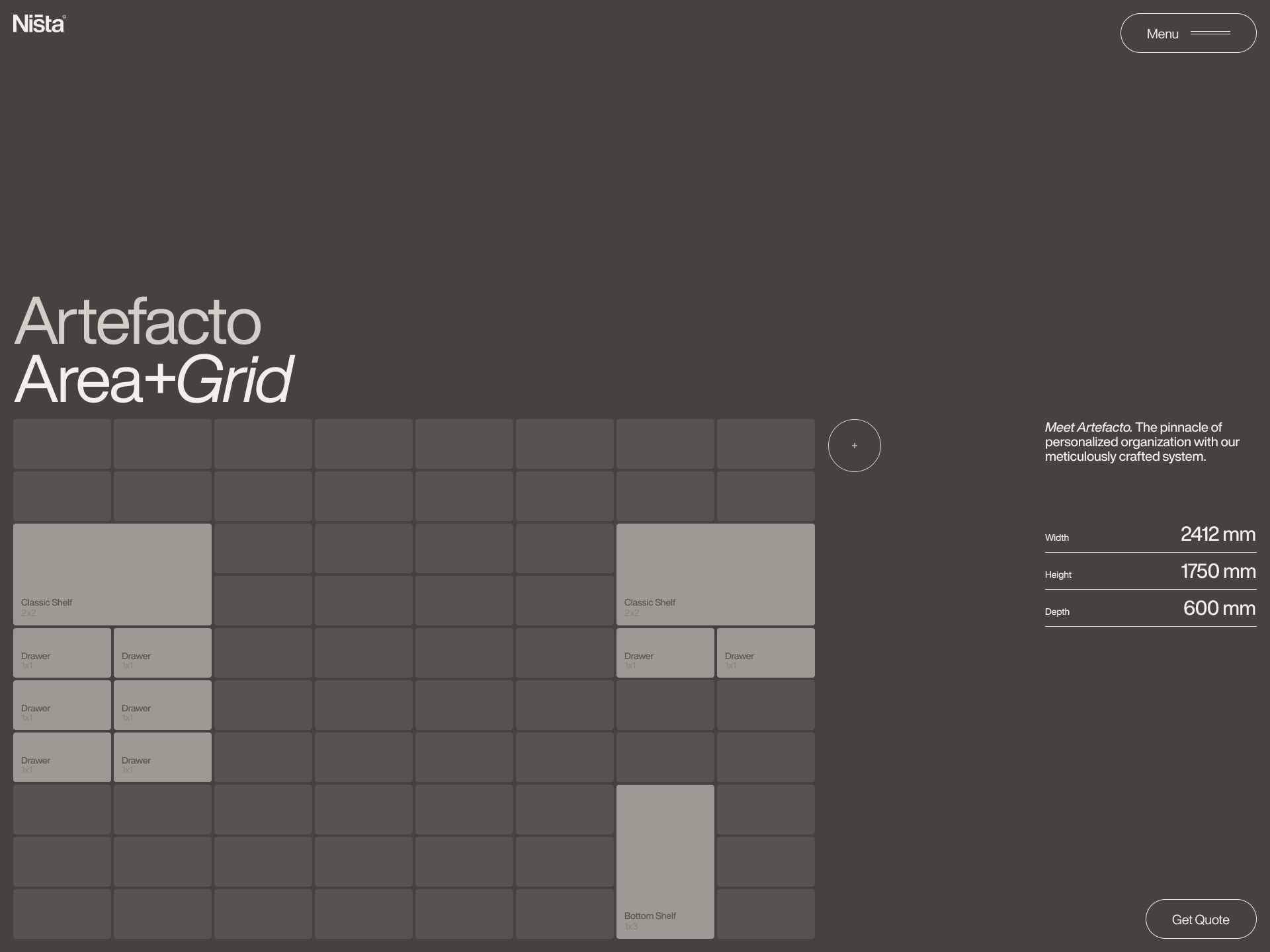 Ništa: Artefacto Area+Grid Configurator app configurator dark mode furniture interface minimal module type typography ui