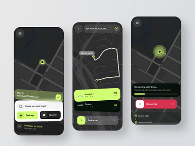 Uber-like mobile app animation booking branding car design driver illustration map mobile app navigation prototype taxi uber