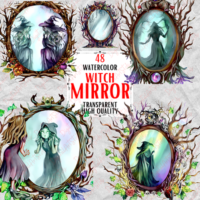 Watercolor Fantasy Witch Mirror Clipart design digital download fantasy fantasy clipart graphic design illustration mirror watercolor witch