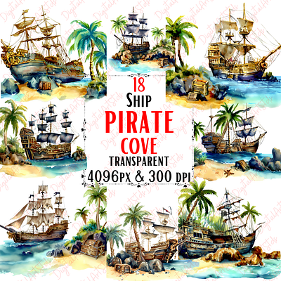 Watercolor Pirate Cove Clipart cove design digital download fantasy clipart graphic design illustration pirate pirate ship watercolor