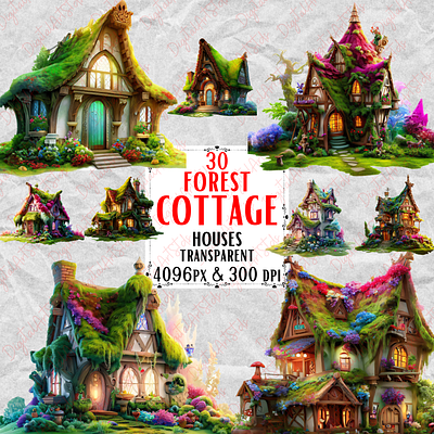 Forest Cottage Clipart cottage cottagecore digital download fantasy clipart forest graphic design illustration