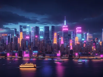 Illuminated Metropolis: Neon Dreams of New York City 3d 3d art ai art cgi city colorful environment evening illustration lights modern neon neon lights new york new york city night people urban vehicles