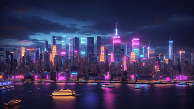 Illuminated Metropolis: Neon Dreams of New York City 3d 3d art ai art cgi city colorful environment evening illustration lights modern neon neon lights new york new york city night people urban vehicles