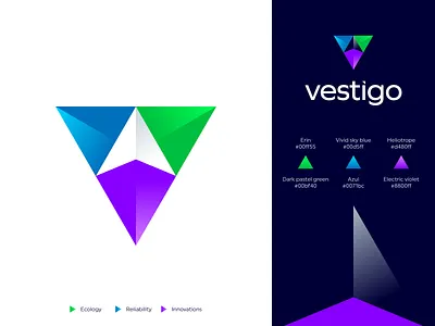 Vestigo - Logo arrow branding design ecology gedas meskunas glogo go gps graphic design icon letter logo monogram navigation north shape tracking transportation triangle west