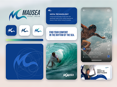 Mausea - Visual Identity apparel beach blue branding and identity clothing letter lettermark logo logo concept m modernism monogram ocea sea sport surf surfer visual identity water wave