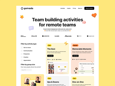 Remote Team Activities Website activities animation blog games homepage list marketing news remote remote team saas team team building ui web website