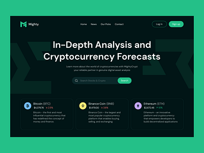 Homepage for the Mighty Website Cryptocurrency Forecasts business crypto crypto wallet cryptocurrency currency dark dark theme green homepage inspo landing landing page money platform service ui uiux design ux web design website