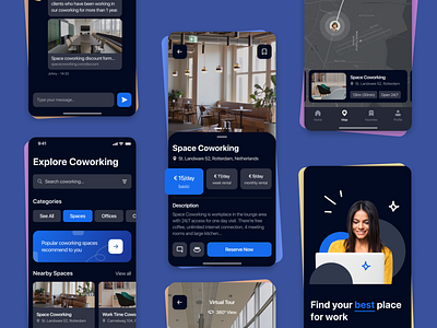 Coworking Mobile App app app design booking chat co working cowork dark elinext interactive ios map minimalistic mobile mobile app office onboarding space ui ux