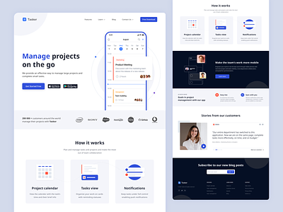 Tasker - Design of a landing page for mobile app android elinext homepage illustration ios landing management minimalistic mobile app page product page ui ui design ux web web page