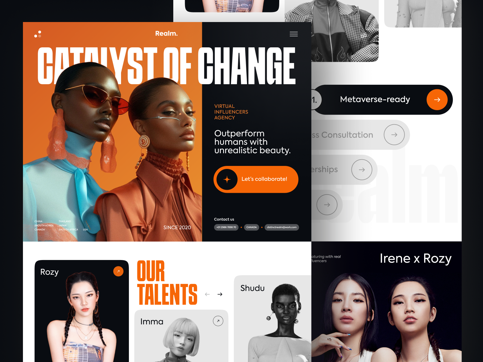 Virtual Influencers Agency Landing Page ai artificial intelligence branding design fashion figma future graphic design influencers landing page metaverse minimal minimalist model orange technology ui virtual website