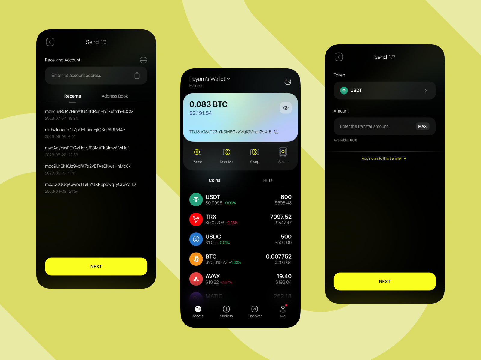 Crypto Wallet Mobile App app blockchain branding crypto crypto assets crypto balance crypto wallet dark mode dark mode mobile design dribbble mobile app nft send crypto ui user experience user interface ux wallet app