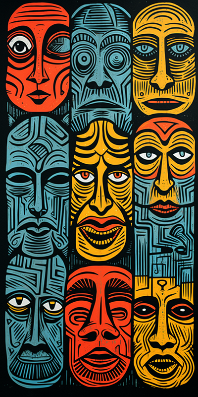 Colored Lino Cut Faces vivid.