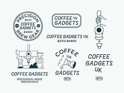 Coffee Gadgets UK badge logo brand illustration branding chemex coffee branding coffee illustration coffee machine custom typography graphic design illustration logo design logo system typography typography logo